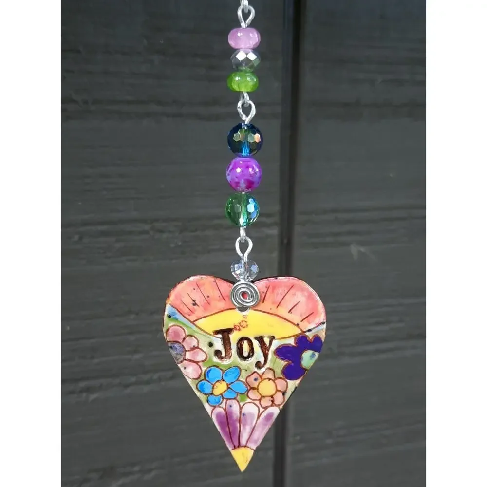 Artisan Ceramic Heart Beaded Suncatcher JOY Vibrant Crystals Diffuser Floral NEW
